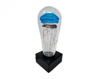143 IridescentGlassJellyfishSculptureLightonWoodBase