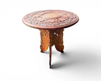 38 HandCarvedRoundWoodTablewFloralInlaidMedallionLeafLegs