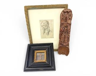 146 VintagePortraitPrintDevotionalWoodCarvingFramedCross3pc