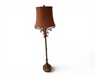 205 OrnateMetalFloorLampwBeadedFabricShade