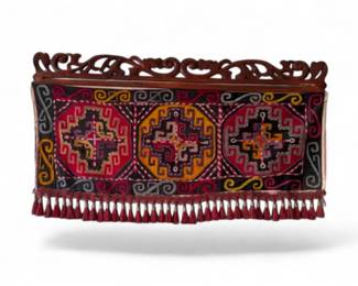 57 CarvedWoodEmbroideredTextileWallHangingwTassels