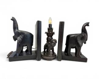 112 GhanaElephantBookendsElephantAccentLamp3Pieces
