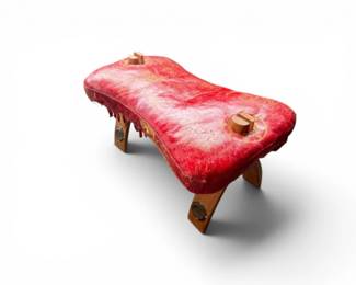 26 VintageCamelSaddleFootstoolwUpholsteredSeatWoodBase