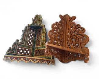 179 MoroccanStylePaintedCarvedWoodCornerWallShelvesPair