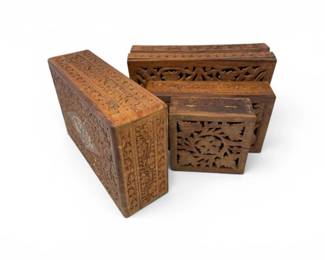 133 HandCarvedOpenworkFloralWoodKeepsakeBoxes3Pc