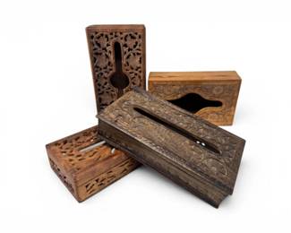 131 HandCarvedOpenworkWoodTissueHoldersKeepsakeChests4Pc