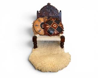 5 HandCarvedWoodenAccentChairLeatherPillowsSheepskinRug