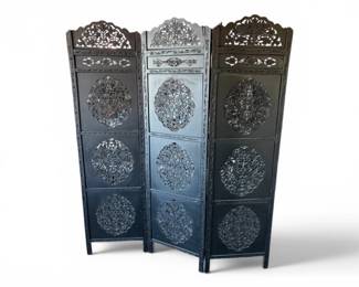 84 HandCarvedBlackFloralOpenworkWoodFoldingScreen3Panel