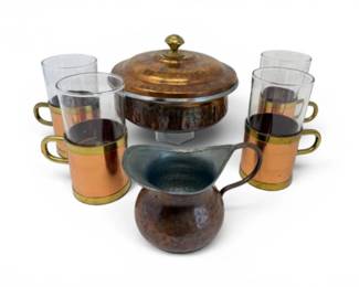 148 HammeredCopperTeaServiceSetLiddedPotPitcherGlassMugs