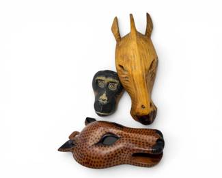 210 CarvedWoodAnimalHeadMasksHorseFelineMonkeyMotifs