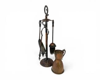 152 VintageBrassHearthToolSetEngravedPitcher2pc