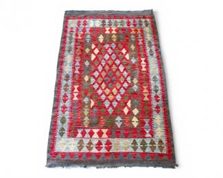 97 VintageHandwovenWoolKilimRugRedBlueGeometricMotif