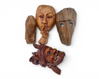 211 CarvedWoodCharacterMasksFaceCarvingsWallArtGroup