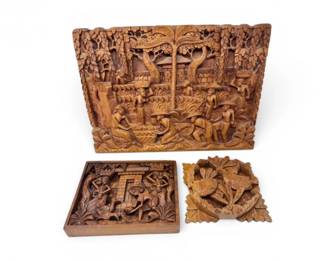 193 HandCarvedWoodReliefWallArtPanelsPlaques3pc