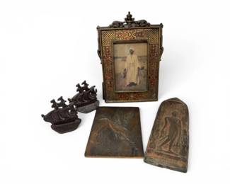 209 MetalShipBookendsBuddhistStylePlaqueDecorativeArtGroup