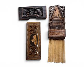 45 CarvedWoodWallArtCollectionwTemplePanelInlayReliefScene