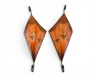 124 PairOrangePaintedGoatskinDiamondWallHangingsonIronFrames