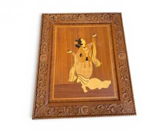 156 HandcraftedWoodMarquetryDancerPlaquewCarvedBorder