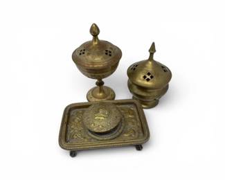 142 BrassIncenseBurnersCoveredCenserBoxCollection3pc