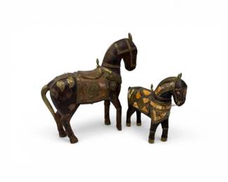 155 DecorativeInlaidHorseFigurineswBrassToneAccents2pc