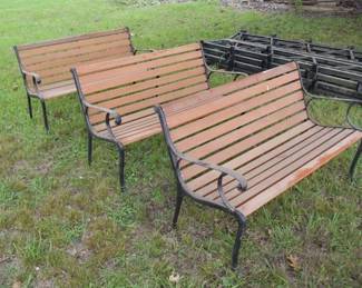 Wood Slat Outdoor Park Benches with Wrought Iron Arms