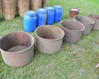 Antique Cast Iron Sugar/Wash Pots with Industrial Blue Barrels