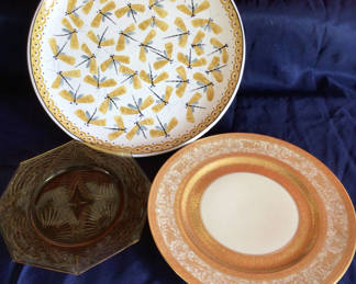Lot 33: Dragonfly-pattern plate, ornate-border plate, and brown glass dish