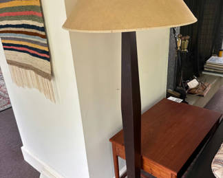 Lot 77: Wooden Floor lamp with beige shade