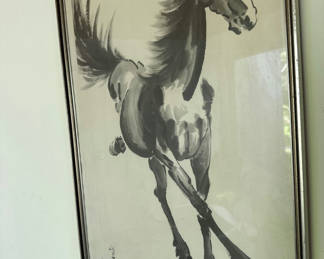 Lot 87: Framed ink painting of a galloping horse with Chinese calligraphy