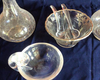 Lot 29: Glassware set with two crackled decanters, etched bowl with spoons, and a lidded dish