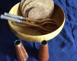 Lot 51: Wooden bowl with cork coasters, ceramic cone-shaped vessels, and wooden-handled cutlery