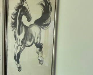 Lot 88: Framed Ink Horse Painting with Calligraphy 17x30. Minor damage as seen in pic