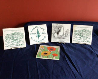 Lot 46: Set of commemorative ceramic tiles with engravings and a floral tile