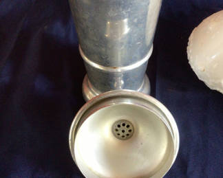 Lot 25: Metal shaker and frosted glass oil holder