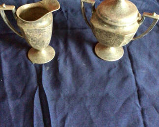 Lot 49: Antique Pewter Teapot, Creamer and Cup