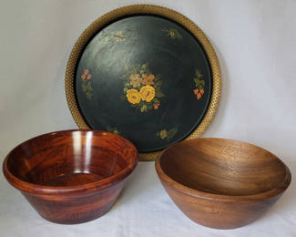 Lot 77: Vintage Toleware Tray & 2 Wooden Bowls
