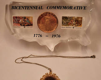 Lot 21: Bicentennial USA Coin & Stamps Paperweight + Penny Pendant Necklace