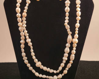 Lot 29: Fresh Water White Cultured Pearl Necklace & Earrings w/ .925 Sterling