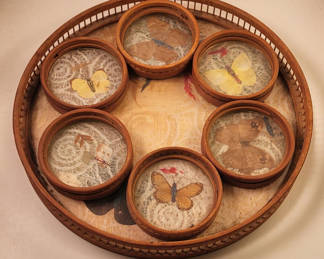 Lot 90: Vintage 7 Pc Set Bamboo & Pressed Butterfly Serving Tray & Coasters