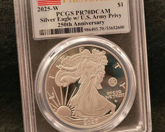 Lot 14: Silver Eagle PCGS First Strike PR70 Army Privy In Case