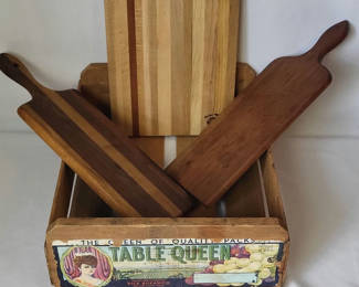 Lot 51: Antique Labeled Grape Crate & 3 Vintage Cutting Boards