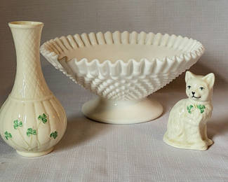Lot 36: Vintage Beleek & Hobnail Milk Glass Lot of 3
