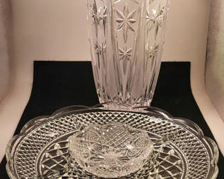 Lot 34: Vintage Tall Cut Crystal Vase & Serving Dishes