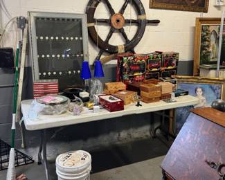 SHIP’S WHEEL, KEY CABINET, WOOD CIGAR BOXES, TRAIN SET, COIN BOOKS