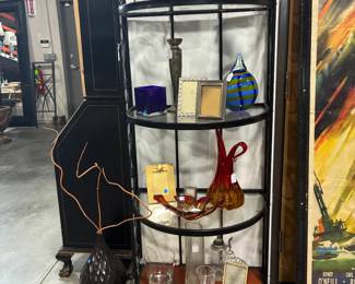 Picture frames, Murano pitcher and dish, Murano blue vase, display stand