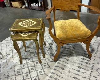 Walnut side chair on casters, stack tables