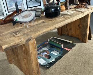 Rustic dining table, accessories, fossils and agates