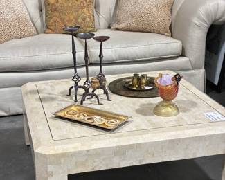 Rolled arm sofa, faux stone coffee table, accessories
