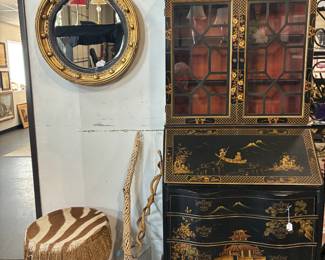 Asian drop front desk with hutch, African drum, masks