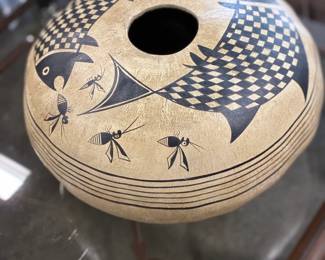 Gourd hand painted fish bowl signed by John Schaefer